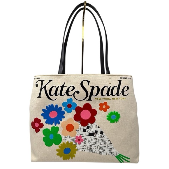 Kate Spade New York Fresh Picks Printed Medium Tote Bag Canvas Floral Logo - Picture 2 of 16